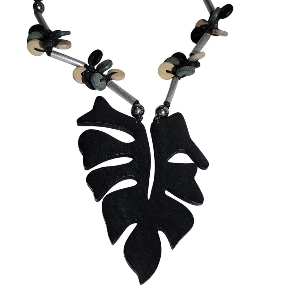 Black Monstera Wood Leaf Beaded Tropical Beach Festival Necklace By CORACOL 18"